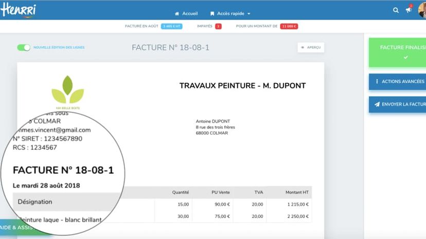 Vue de la numérotation des factures de Henrri.