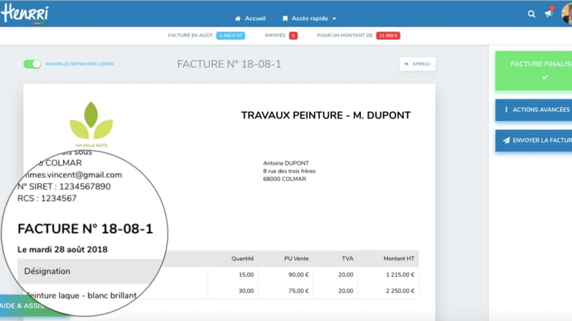 Vue de la numérotation des factures de Henrri.