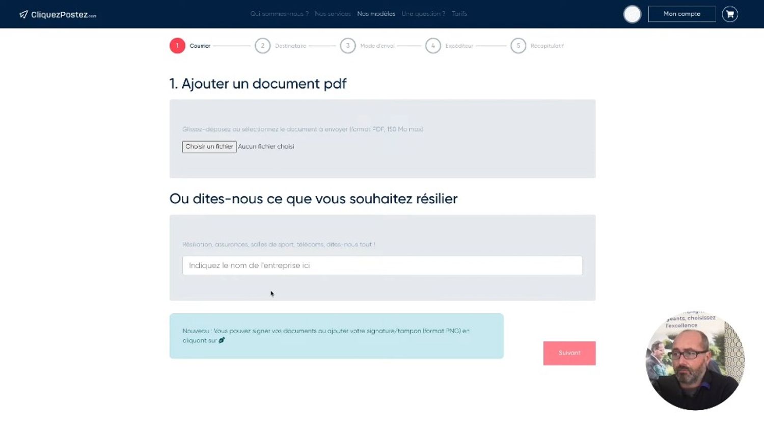 Vue d'écran de Cliquezpostez.com : ajout de document