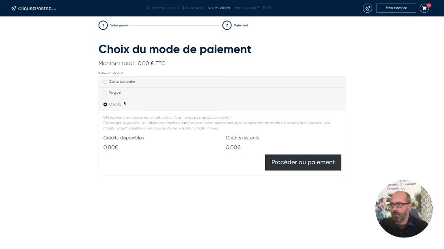 Vue d'écran de Cliquezpostez.com : firmulaire de paiement