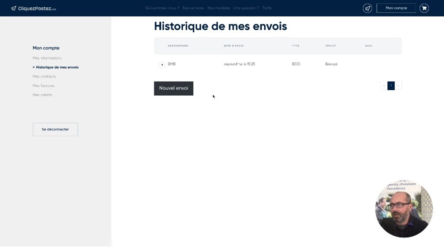 Vue d'écran de Cliquezpostez.com : historique des envois